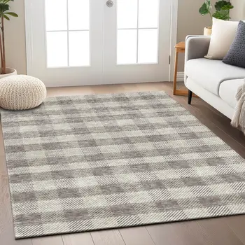 9' X 12' Taupe And Gray Plaid Washable Indoor Outdoor Area Rug