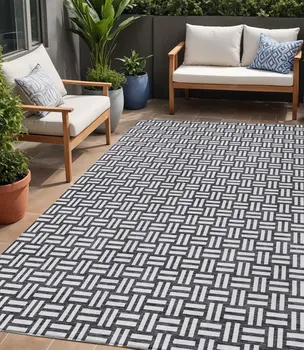 5' X 8' Black And Ivory Geometric Washable Indoor Outdoor Area Rug