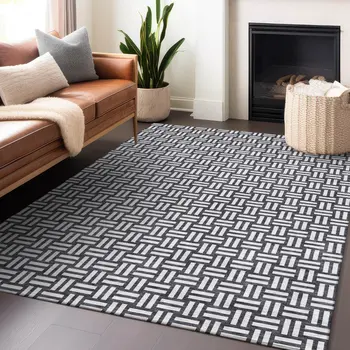 5' X 8' Black And Ivory Geometric Washable Indoor Outdoor Area Rug
