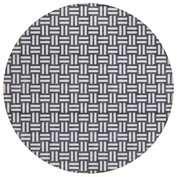 8' Black And Ivory Round Geometric Washable Indoor Outdoor Area Rug