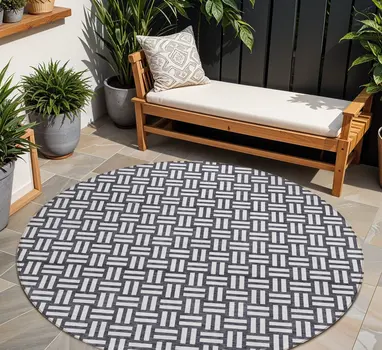 8' Black And Ivory Round Geometric Washable Indoor Outdoor Area Rug