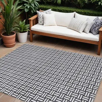 9' X 12' Black And Ivory Geometric Washable Indoor Outdoor Area Rug