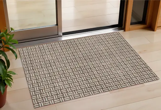 3' X 5' Brown And Beige Geometric Washable Indoor Outdoor Area Rug