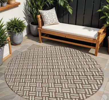 8' Brown And Beige Round Geometric Washable Indoor Outdoor Area Rug