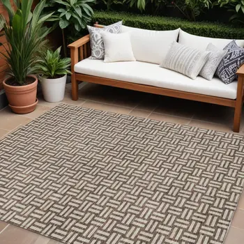10' X 14' Brown And Beige Geometric Washable Indoor Outdoor Area Rug