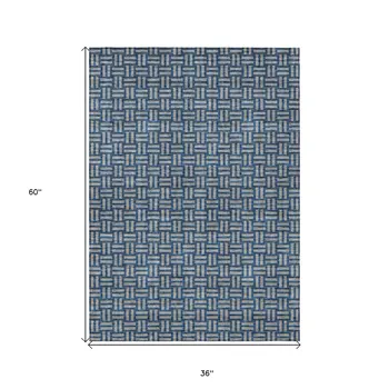 3' X 5' Blue And Gray Geometric Washable Indoor Outdoor Area Rug