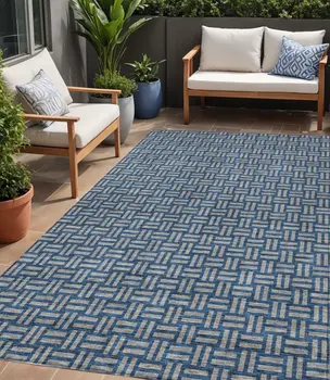 5' X 8' Blue And Gray Geometric Washable Indoor Outdoor Area Rug
