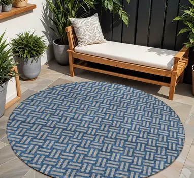 8' Blue And Gray Round Geometric Washable Indoor Outdoor Area Rug