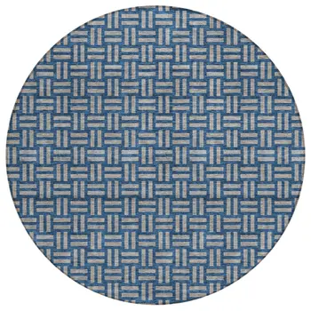 8' Blue And Gray Round Geometric Washable Indoor Outdoor Area Rug