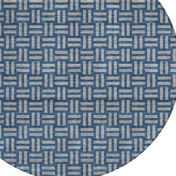 8' Blue And Gray Round Geometric Washable Indoor Outdoor Area Rug