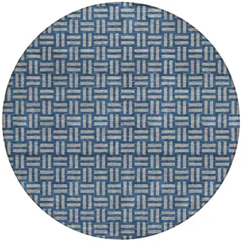 8' Blue And Gray Round Geometric Washable Indoor Outdoor Area Rug