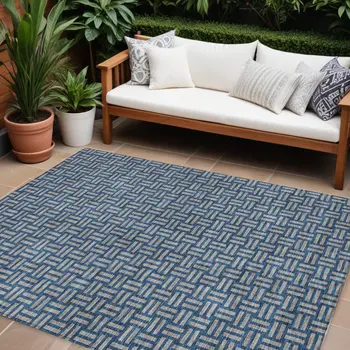 9' X 12' Blue And Gray Geometric Washable Indoor Outdoor Area Rug
