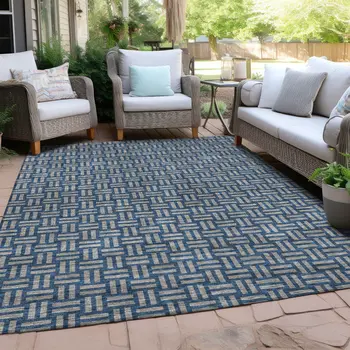 10' X 14' Blue And Gray Geometric Washable Indoor Outdoor Area Rug