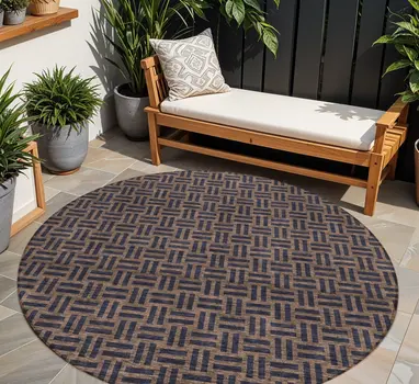 8' Chocolate And Black Round Geometric Washable Indoor Outdoor Area Rug