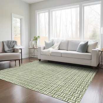 3' X 5' Green And Ivory Geometric Washable Indoor Outdoor Area Rug