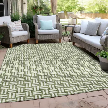 8' X 10' Green And Ivory Geometric Washable Indoor Outdoor Area Rug