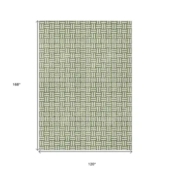 10' X 14' Green And Ivory Geometric Washable Indoor Outdoor Area Rug