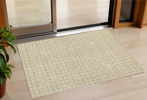 3' X 5' Gold And Beige Geometric Washable Indoor Outdoor Area Rug