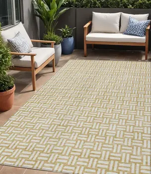 5' X 8' Gold And Beige Geometric Washable Indoor Outdoor Area Rug