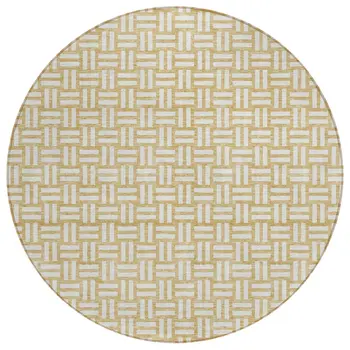 8' Gold And Beige Round Geometric Washable Indoor Outdoor Area Rug