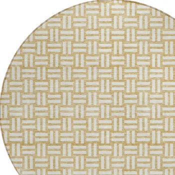 8' Gold And Beige Round Geometric Washable Indoor Outdoor Area Rug