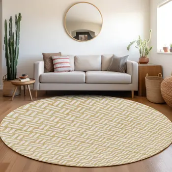 8' Gold And Beige Round Geometric Washable Indoor Outdoor Area Rug