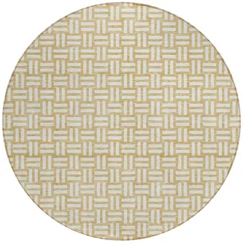 8' Gold And Beige Round Geometric Washable Indoor Outdoor Area Rug