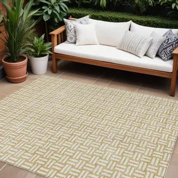 9' X 12' Gold And Beige Geometric Washable Indoor Outdoor Area Rug