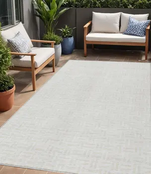 5' X 8' Ivory And Beige Geometric Washable Indoor Outdoor Area Rug