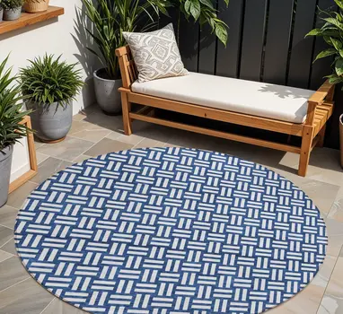 8' Navy Blue And Ivory Round Geometric Washable Indoor Outdoor Area Rug