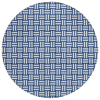 8' Navy Blue And Ivory Round Geometric Washable Indoor Outdoor Area Rug