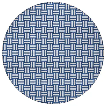 8' Navy Blue And Ivory Round Geometric Washable Indoor Outdoor Area Rug
