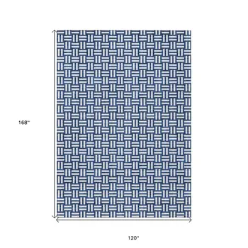 10' X 14' Navy Blue And Ivory Geometric Washable Indoor Outdoor Area Rug