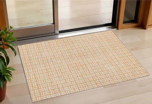 3' X 5' Peach And Gray Geometric Washable Indoor Outdoor Area Rug