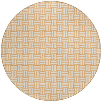 8' Peach And Gray Round Geometric Washable Indoor Outdoor Area Rug