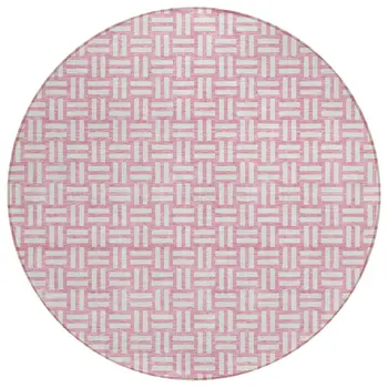 8' Pink And Ivory Round Geometric Washable Indoor Outdoor Area Rug