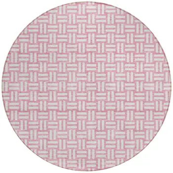 8' Pink And Ivory Round Geometric Washable Indoor Outdoor Area Rug