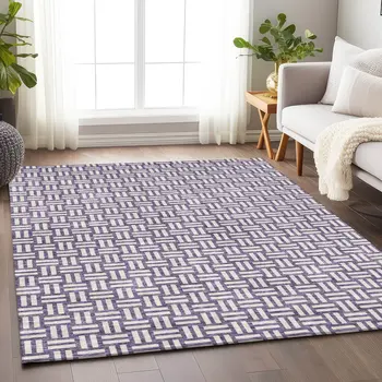 3' X 5' Purple And Ivory Geometric Washable Indoor Outdoor Area Rug