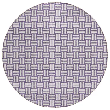 8' Purple And Ivory Round Geometric Washable Indoor Outdoor Area Rug