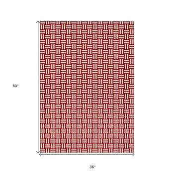 3' X 5' Red And Ivory Geometric Washable Indoor Outdoor Area Rug
