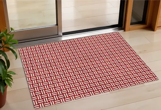 3' X 5' Red And Ivory Geometric Washable Indoor Outdoor Area Rug