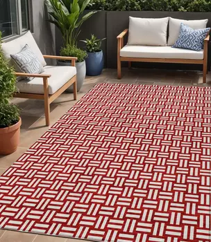 5' X 8' Red And Ivory Geometric Washable Indoor Outdoor Area Rug