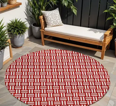 8' Red And Ivory Round Geometric Washable Indoor Outdoor Area Rug