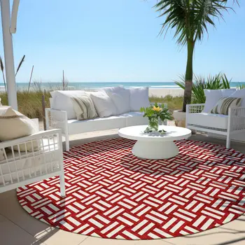 8' Red And Ivory Round Geometric Washable Indoor Outdoor Area Rug