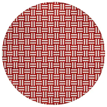 8' Red And Ivory Round Geometric Washable Indoor Outdoor Area Rug
