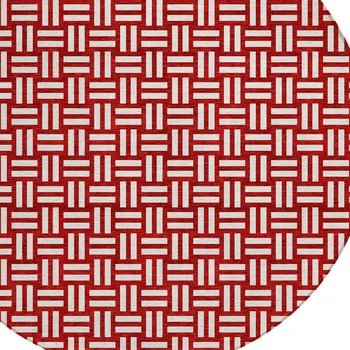 8' Red And Ivory Round Geometric Washable Indoor Outdoor Area Rug