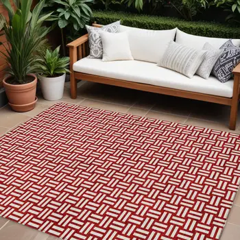 8' X 10' Red And Ivory Geometric Washable Indoor Outdoor Area Rug
