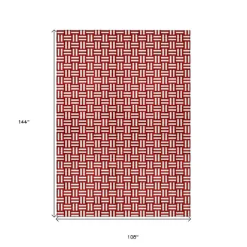 9' X 12' Red And Ivory Geometric Washable Indoor Outdoor Area Rug