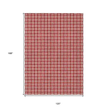 10' X 14' Red And Ivory Geometric Washable Indoor Outdoor Area Rug