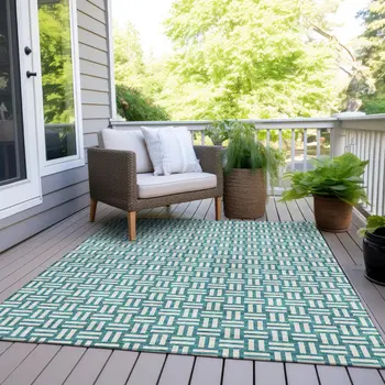 3' X 5' Teal Blue And Gray Geometric Washable Indoor Outdoor Area Rug